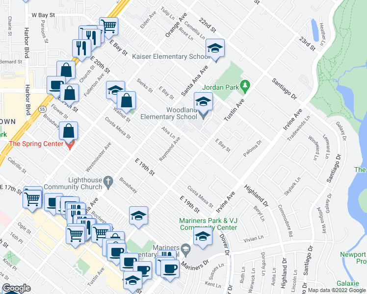 map of restaurants, bars, coffee shops, grocery stores, and more near 366 Esther Street in Costa Mesa