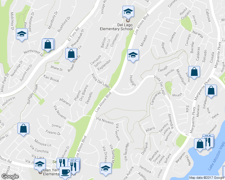 map of restaurants, bars, coffee shops, grocery stores, and more near Los Alisos Blvd & Vista Del Lago in Mission Viejo