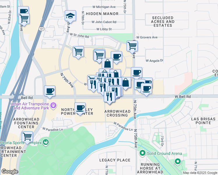 map of restaurants, bars, coffee shops, grocery stores, and more near 7650 West Bell Road in Glendale