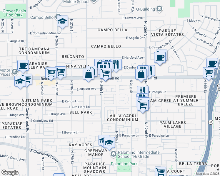 map of restaurants, bars, coffee shops, grocery stores, and more near 16815 North 29th Street in Phoenix