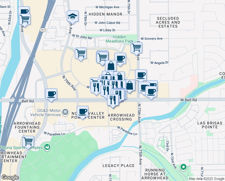 map of restaurants, bars, coffee shops, grocery stores, and more near 7650 West Bell Road in Glendale