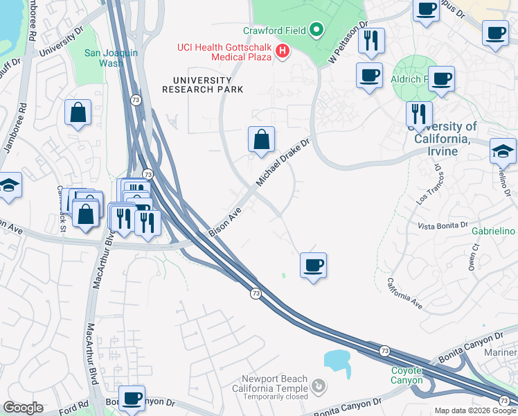 map of restaurants, bars, coffee shops, grocery stores, and more near 5251 California Ave in Irvine