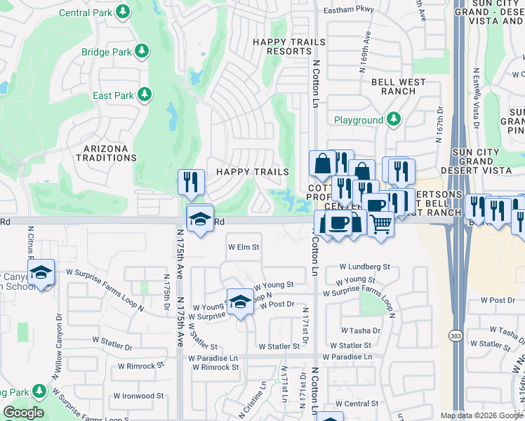 map of restaurants, bars, coffee shops, grocery stores, and more near 274 North Maverick in Surprise