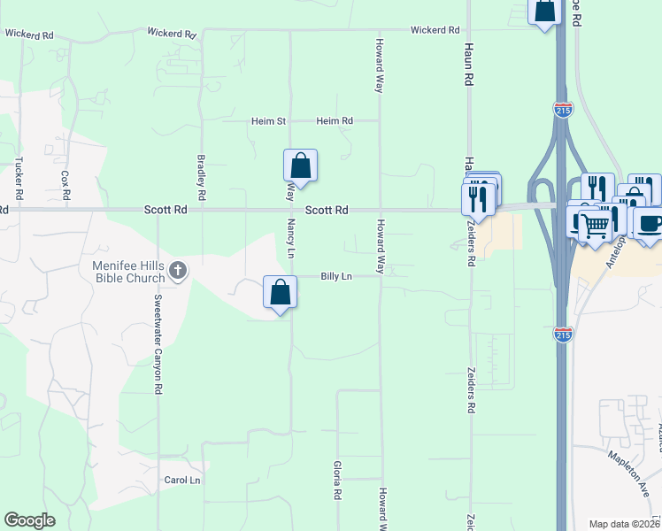 map of restaurants, bars, coffee shops, grocery stores, and more near 27300 Billy Lane in Menifee