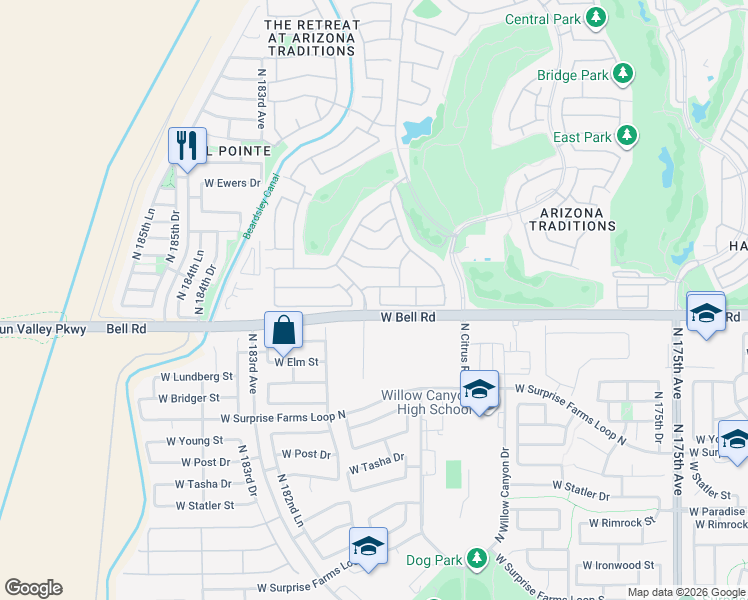 map of restaurants, bars, coffee shops, grocery stores, and more near 17008 North Devon Lane in Surprise