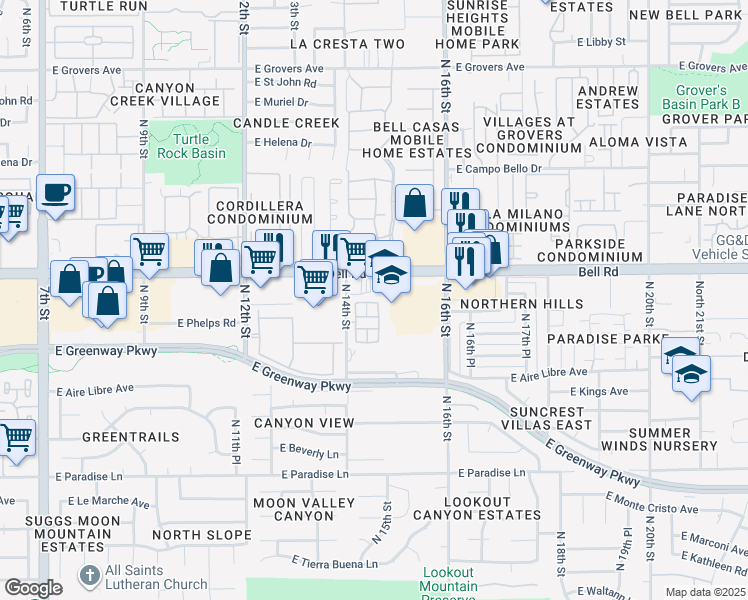 map of restaurants, bars, coffee shops, grocery stores, and more near 16825 North 14th Street in Phoenix