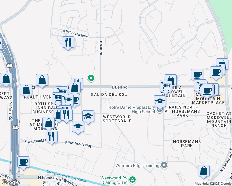 map of restaurants, bars, coffee shops, grocery stores, and more near 16801 North 94th Street in Scottsdale