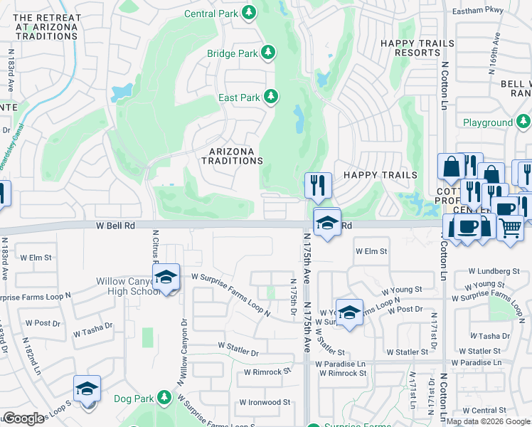 map of restaurants, bars, coffee shops, grocery stores, and more near Lariat in Surprise