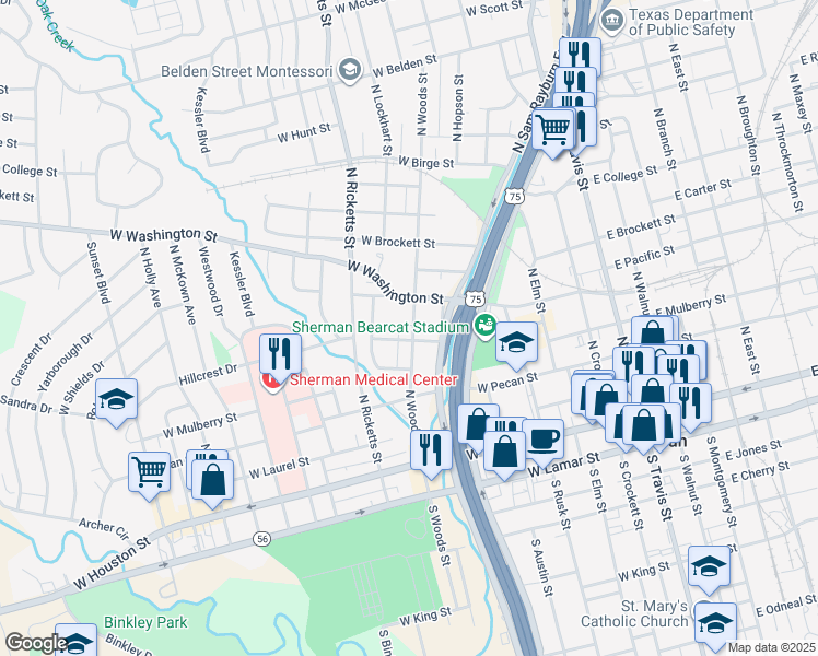 map of restaurants, bars, coffee shops, grocery stores, and more near 453 North Woods Street in Sherman