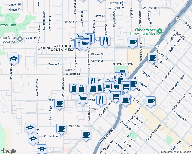 map of restaurants, bars, coffee shops, grocery stores, and more near 675 West 18th Street in Costa Mesa