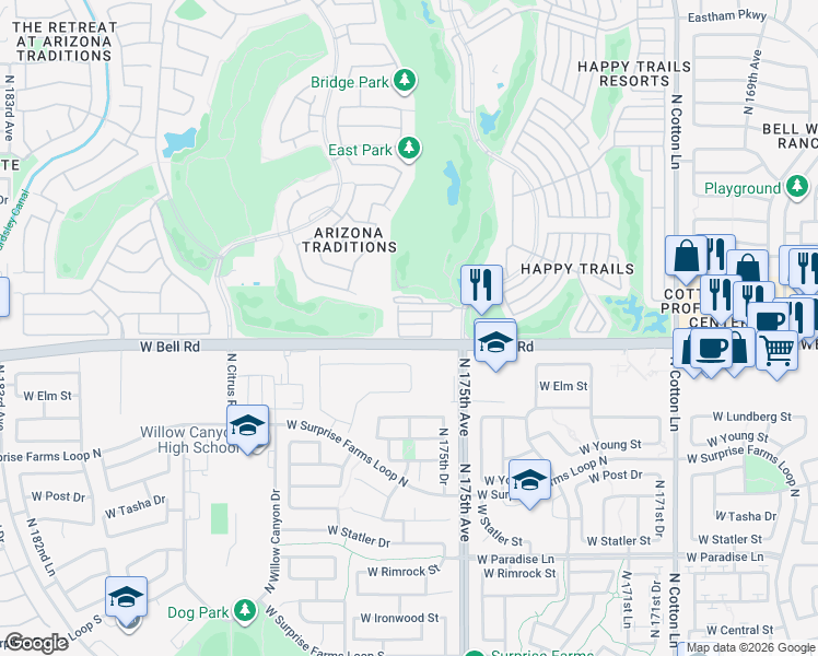 map of restaurants, bars, coffee shops, grocery stores, and more near Lariat in Surprise