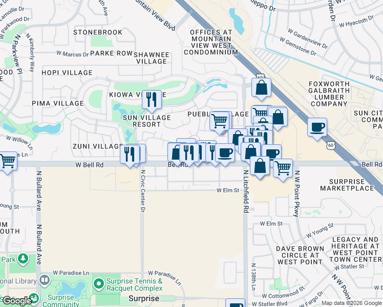 map of restaurants, bars, coffee shops, grocery stores, and more near 14300 West Bell Road in Surprise