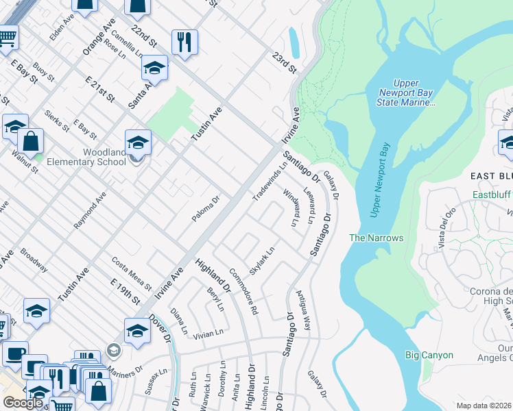 map of restaurants, bars, coffee shops, grocery stores, and more near 1812 Tradewinds Lane in Newport Beach