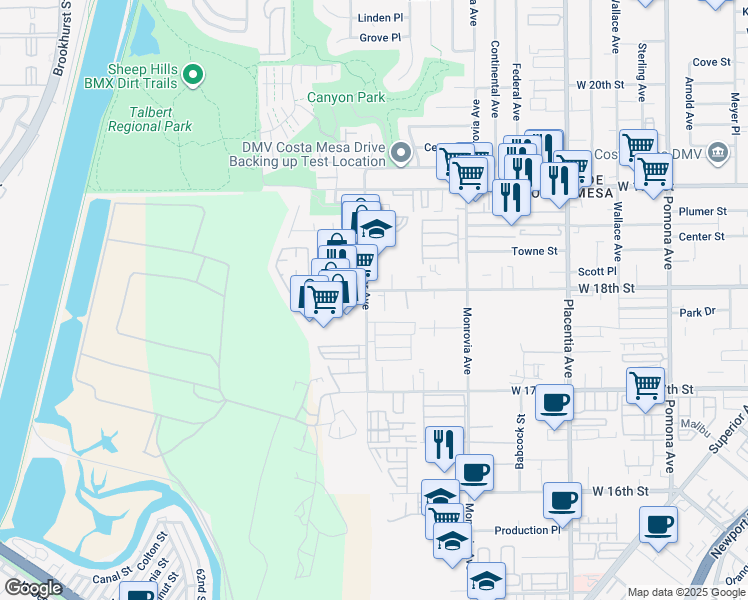 map of restaurants, bars, coffee shops, grocery stores, and more near 1790 Whittier Avenue in Costa Mesa
