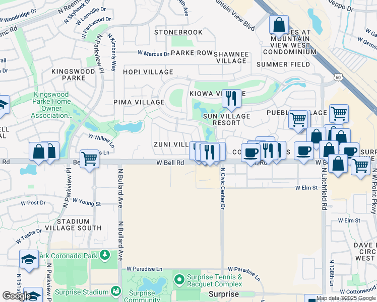 map of restaurants, bars, coffee shops, grocery stores, and more near 14395 West Winding Trail in Surprise