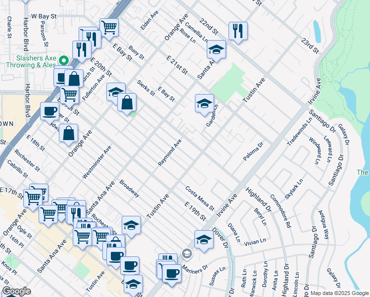 map of restaurants, bars, coffee shops, grocery stores, and more near 366 Esther Street in Costa Mesa