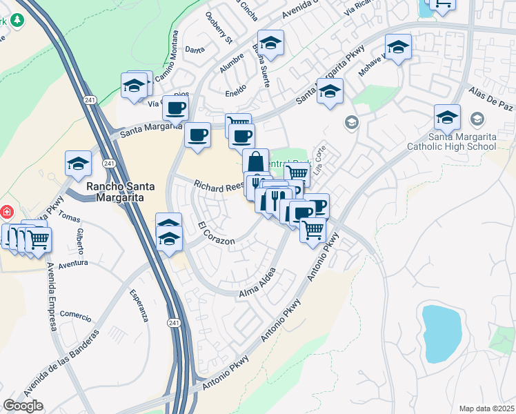 map of restaurants, bars, coffee shops, grocery stores, and more near 22235 El Paseo in Rancho Santa Margarita