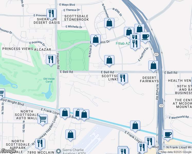 map of restaurants, bars, coffee shops, grocery stores, and more near 8275 Bell Road in Scottsdale