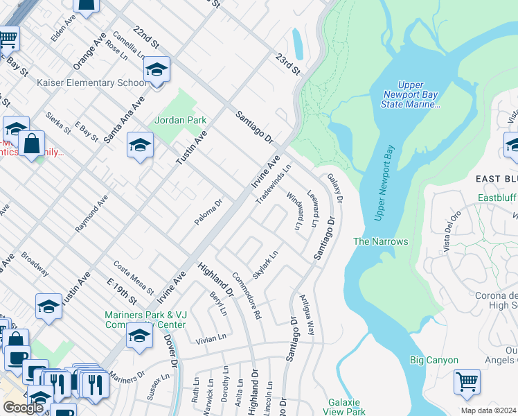 map of restaurants, bars, coffee shops, grocery stores, and more near 1812 Tradewinds Lane in Newport Beach