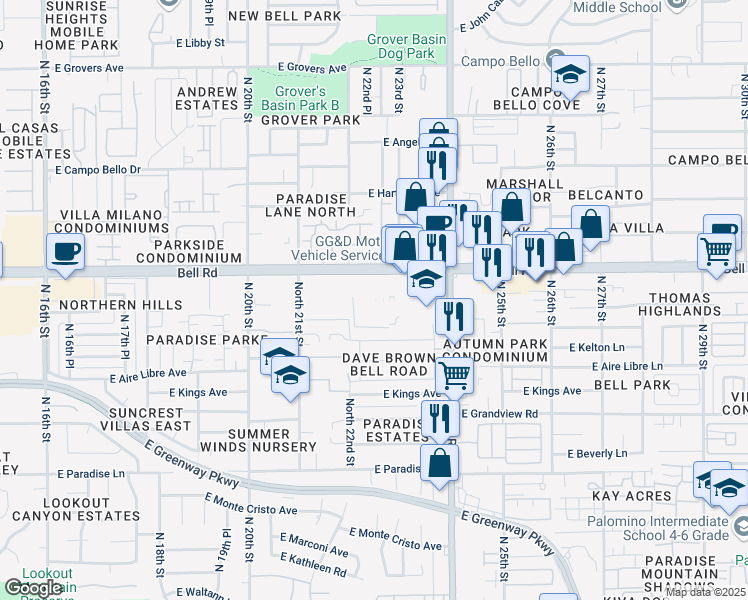 map of restaurants, bars, coffee shops, grocery stores, and more near 2217 East Bell Road in Phoenix
