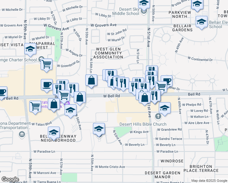 map of restaurants, bars, coffee shops, grocery stores, and more near 5350 West Bell Road in Glendale