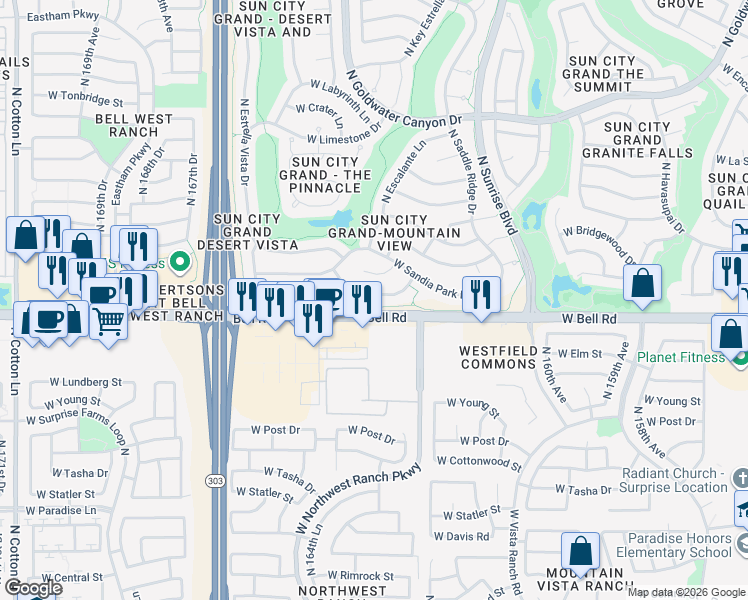 map of restaurants, bars, coffee shops, grocery stores, and more near 16301 West Willow Creek Lane in Surprise