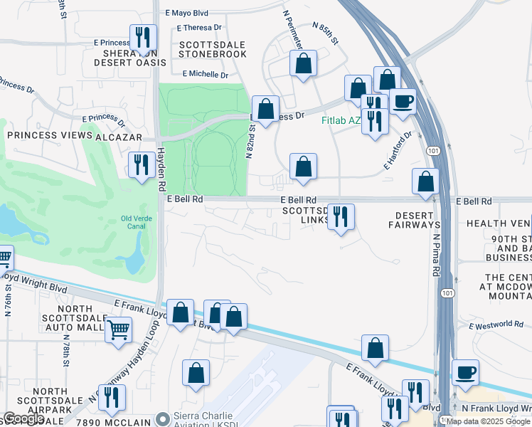 map of restaurants, bars, coffee shops, grocery stores, and more near 8275 Bell Road in Scottsdale
