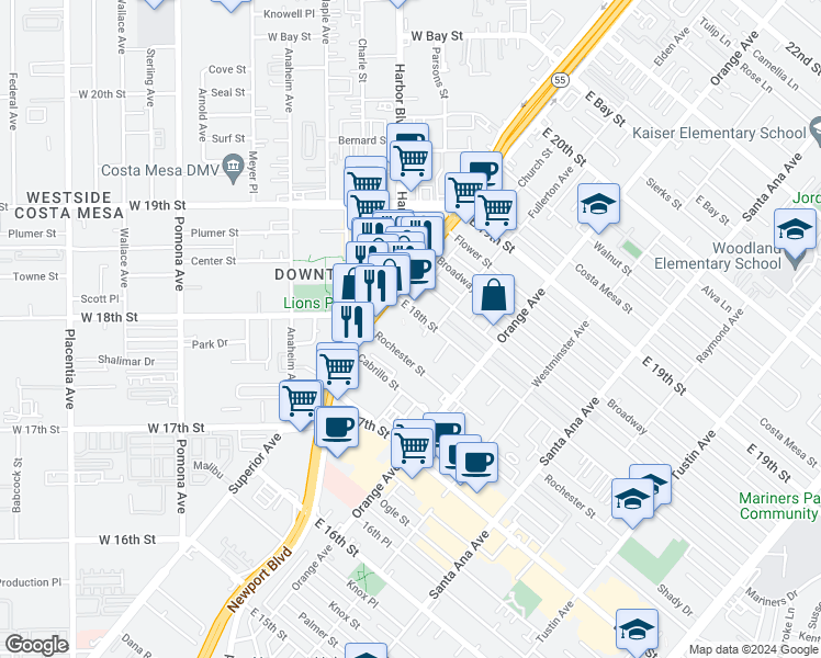 map of restaurants, bars, coffee shops, grocery stores, and more near 145 East 18th Street in Costa Mesa