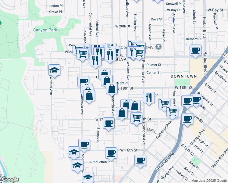 map of restaurants, bars, coffee shops, grocery stores, and more near 1780 Placentia Avenue in Costa Mesa