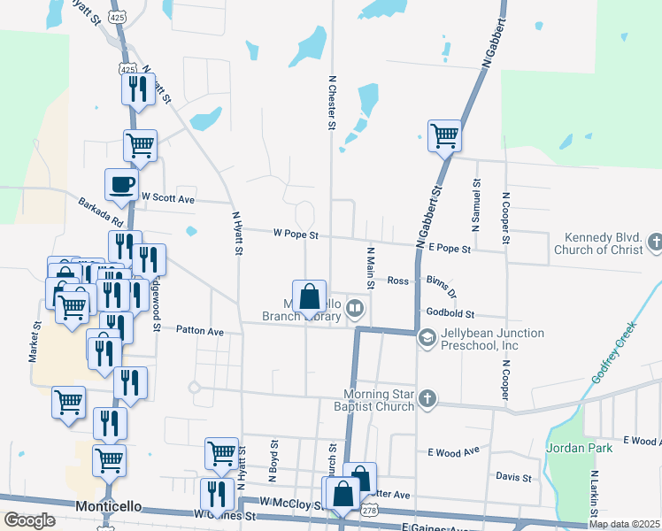 map of restaurants, bars, coffee shops, grocery stores, and more near 908 North Chester Street in Monticello