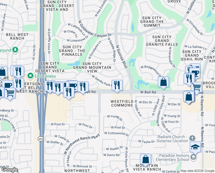 map of restaurants, bars, coffee shops, grocery stores, and more near 16167 West Sandia Park Drive in Surprise