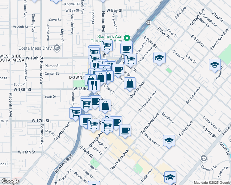 map of restaurants, bars, coffee shops, grocery stores, and more near 146 East 18th Street in Costa Mesa