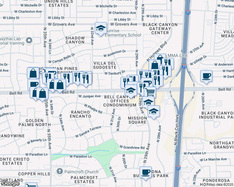 map of restaurants, bars, coffee shops, grocery stores, and more near 16850 North 31st Avenue in Phoenix