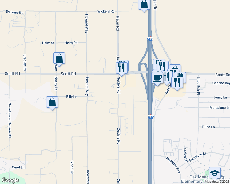 map of restaurants, bars, coffee shops, grocery stores, and more near 33255 Zeiders Road in Menifee