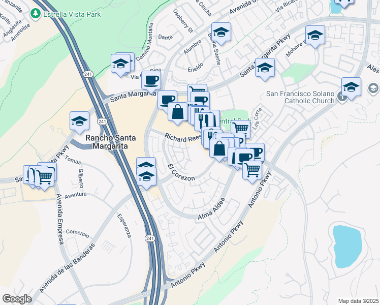 map of restaurants, bars, coffee shops, grocery stores, and more near 30751 El Corazon in Rancho Santa Margarita