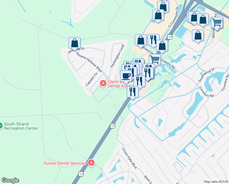 map of restaurants, bars, coffee shops, grocery stores, and more near 3013 Newcastle Loop in Myrtle Beach