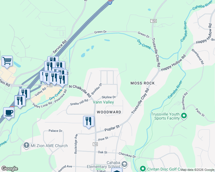 map of restaurants, bars, coffee shops, grocery stores, and more near 5917 Stonegate Lane in Trussville