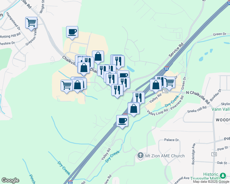 map of restaurants, bars, coffee shops, grocery stores, and more near 5975 Chalkville Mountain Lane in Birmingham