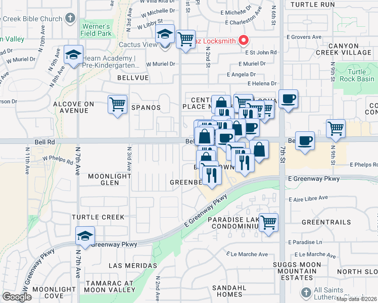 map of restaurants, bars, coffee shops, grocery stores, and more near 16808 North Canterbury Drive in Phoenix