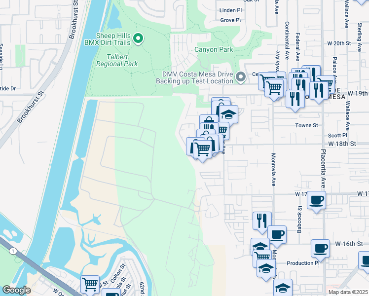 map of restaurants, bars, coffee shops, grocery stores, and more near 1789 Nantucket Place in Costa Mesa