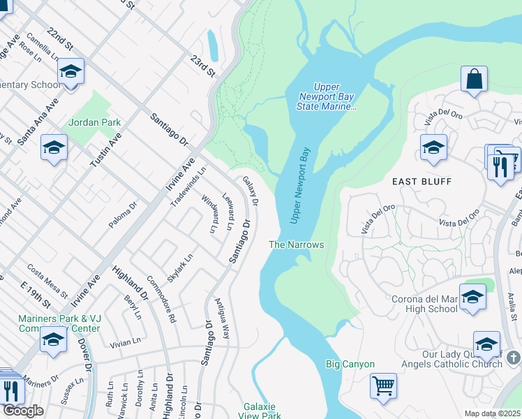 map of restaurants, bars, coffee shops, grocery stores, and more near 1936 Galaxy Drive in Newport Beach