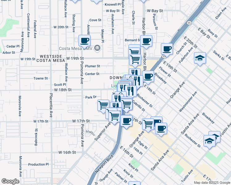 map of restaurants, bars, coffee shops, grocery stores, and more near Anaheim Avenue in Costa Mesa
