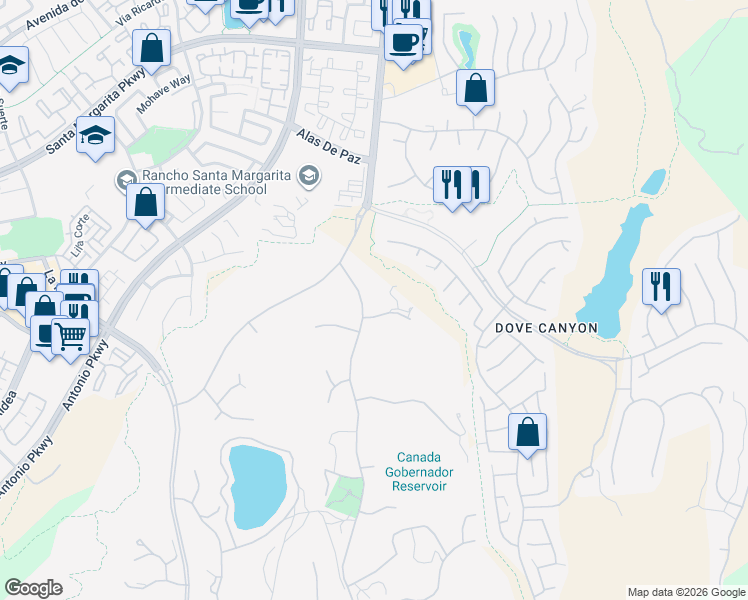 map of restaurants, bars, coffee shops, grocery stores, and more near 31731 Secoya Way in Coto de Caza