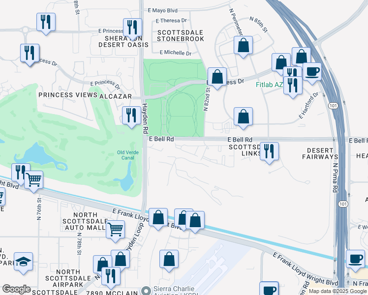map of restaurants, bars, coffee shops, grocery stores, and more near 8243 East Bell Road in Scottsdale