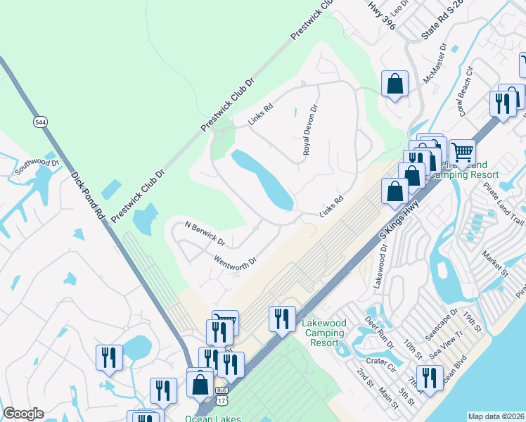 map of restaurants, bars, coffee shops, grocery stores, and more near 1105 Links Road in Myrtle Beach