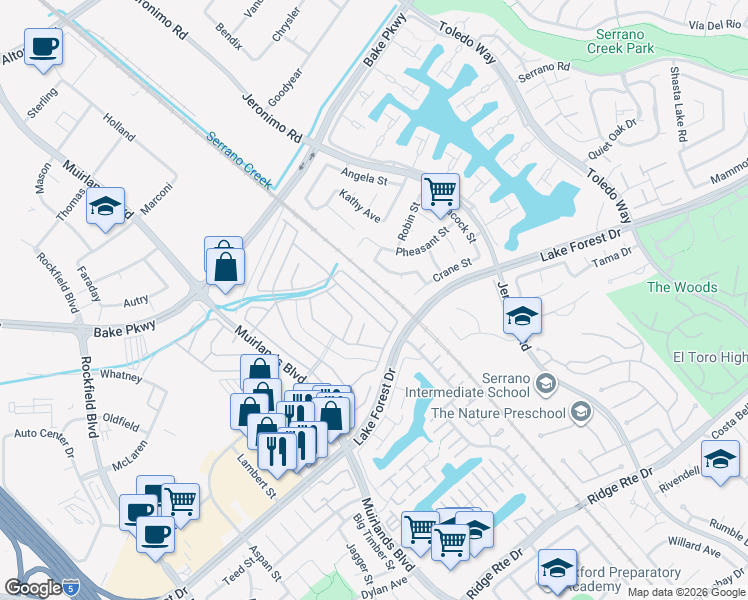 map of restaurants, bars, coffee shops, grocery stores, and more near 24001 Muirlands Boulevard in Lake Forest