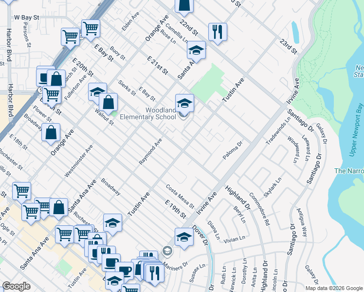 map of restaurants, bars, coffee shops, grocery stores, and more near 394 East 20th Street in Costa Mesa