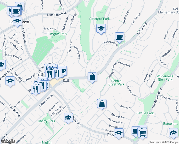 map of restaurants, bars, coffee shops, grocery stores, and more near 22291 Newbridge Drive in Lake Forest