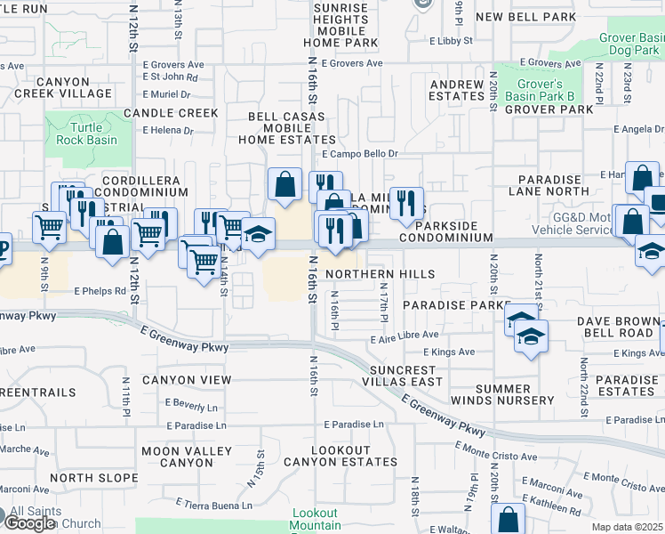 map of restaurants, bars, coffee shops, grocery stores, and more near 1620 East Juniper Avenue in Phoenix
