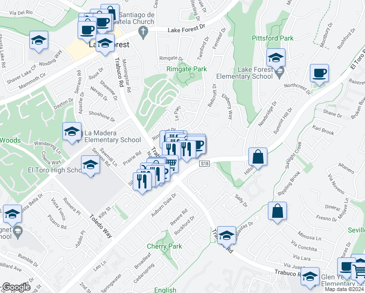 map of restaurants, bars, coffee shops, grocery stores, and more near 22288 Redwood Pointe in Lake Forest